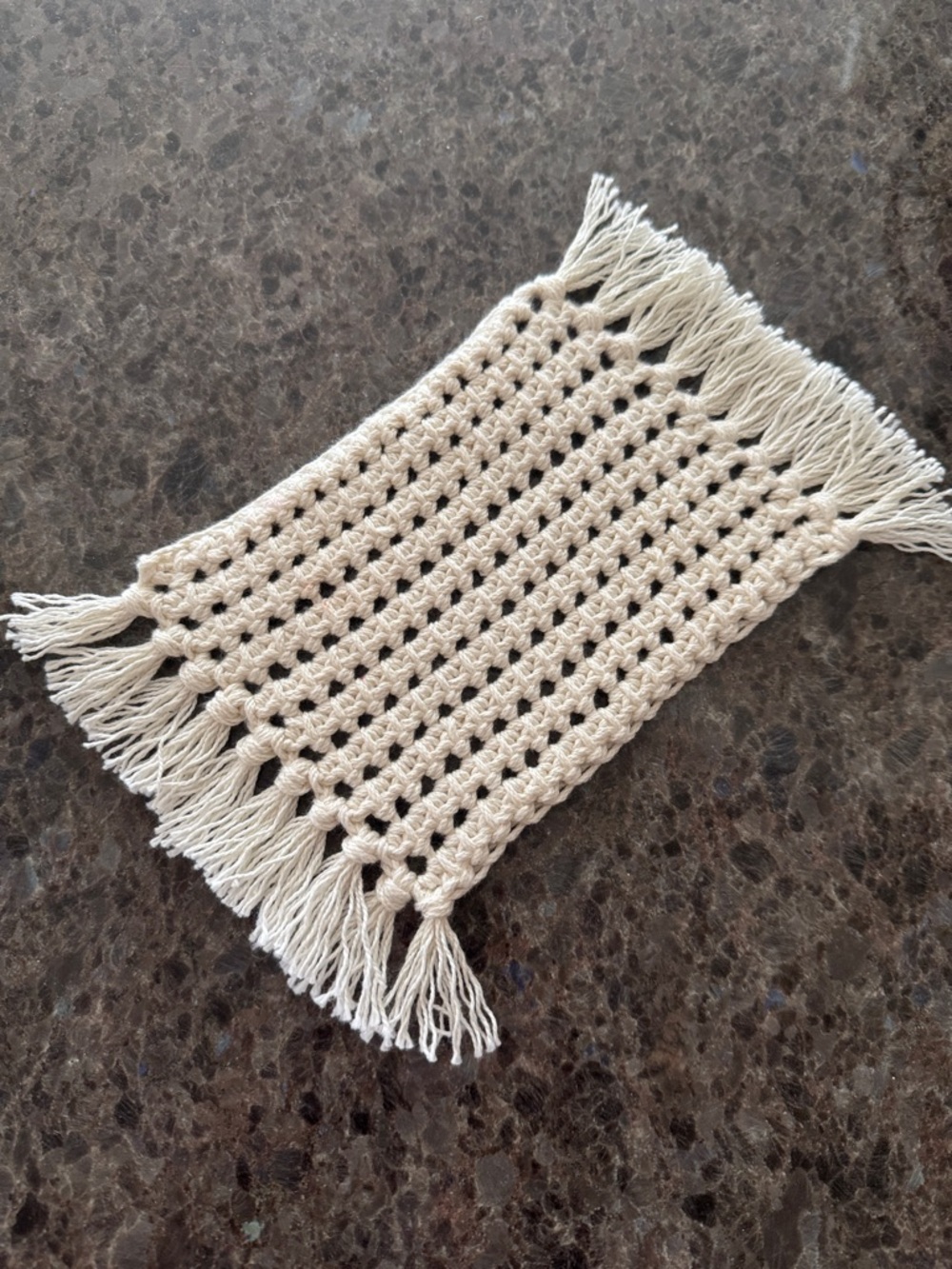 Handmade Crochet Mug Rug with Fringe /Placemat / Trivet  Off-White 100% Cotton